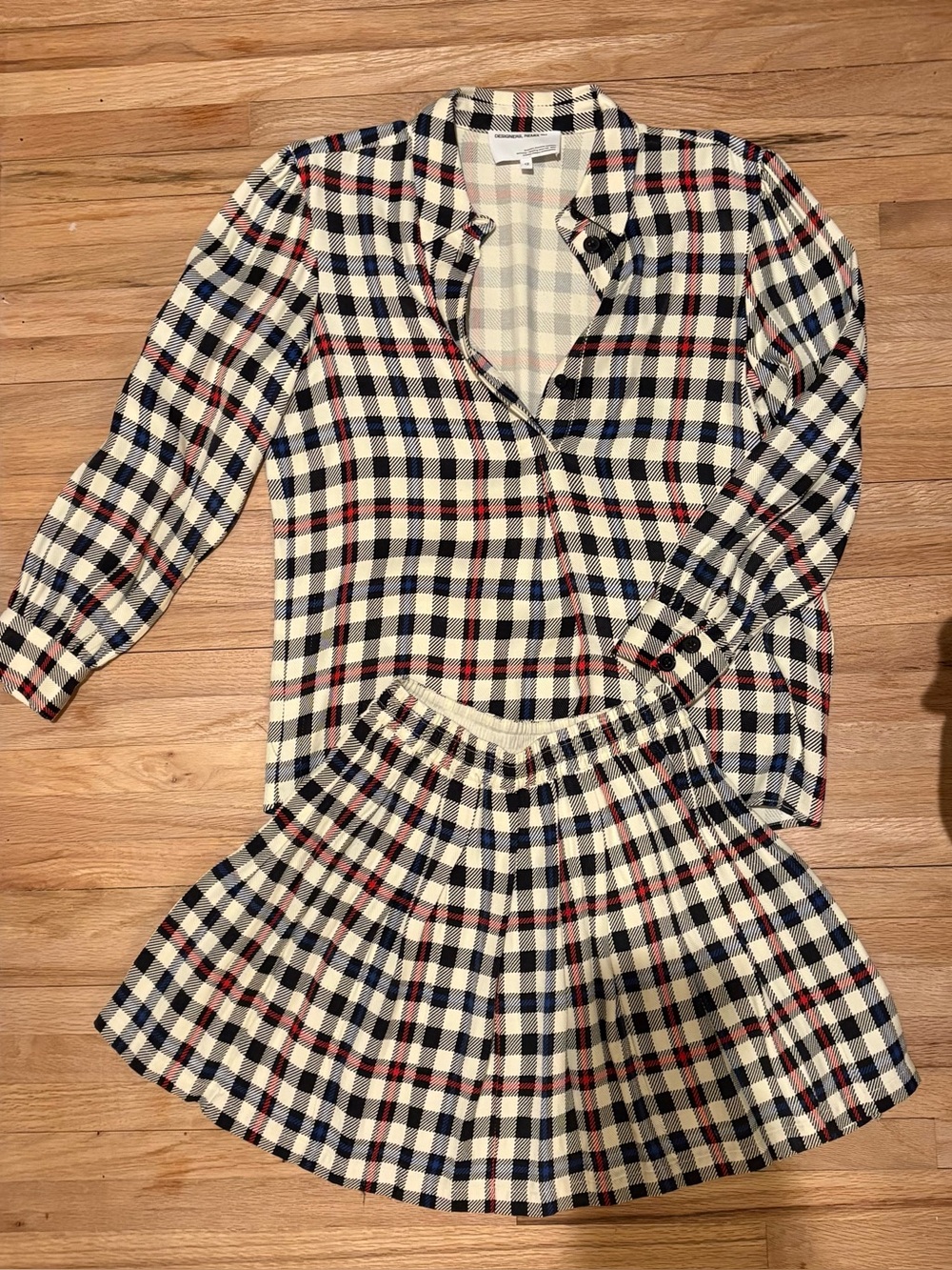 Plaid Long-Sleeve Shirt and Pleated Skirt Set - Cream, Navy & Red